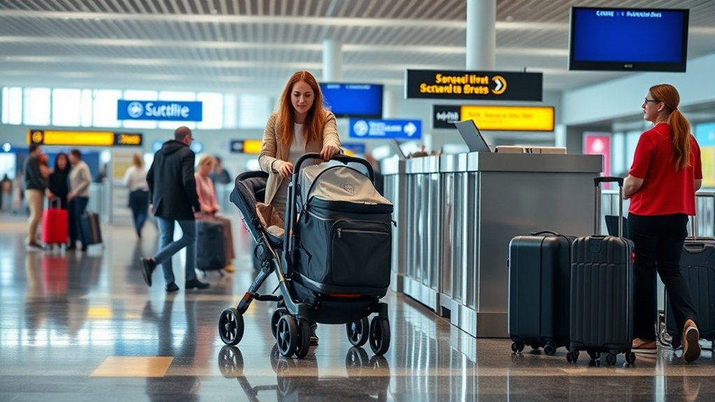 Parent using a laptop to research family travel resources while a child plays nearby.