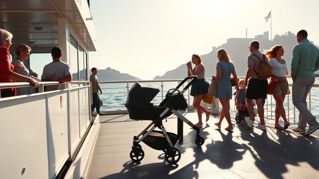 family bringing a stroller on the Alcatraz ferry