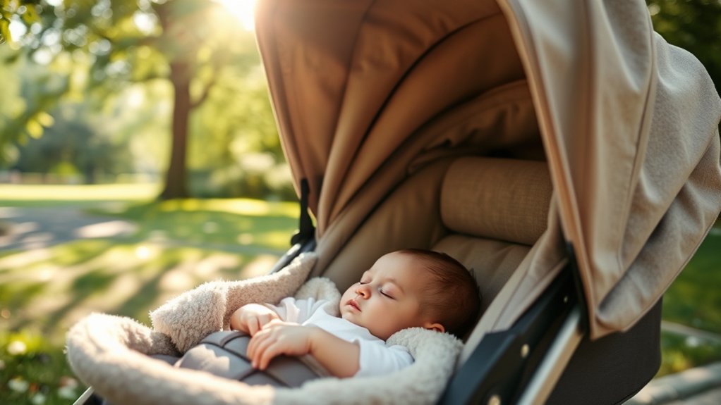 parent walking outdoors while baby naps in stroller