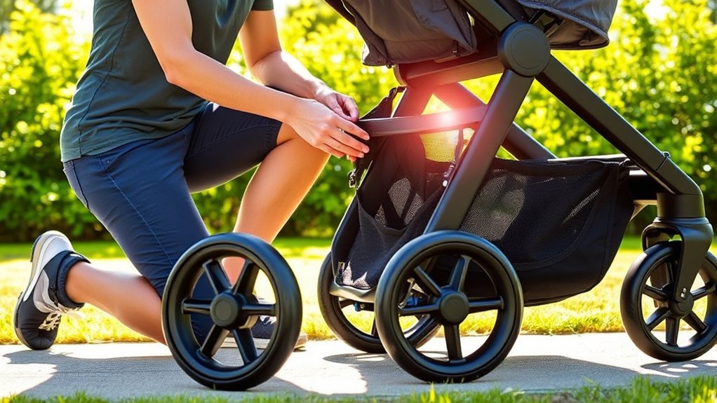 Baby Trend Expedition stroller being folded securely for storage