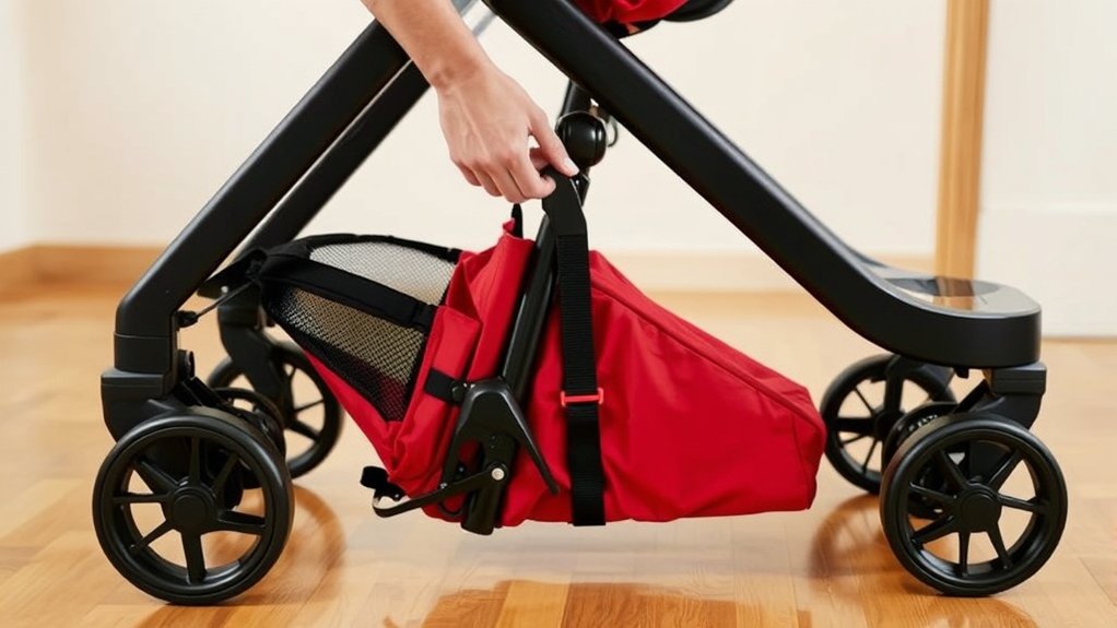 Baby Trend Expedition stroller folded for easy storage