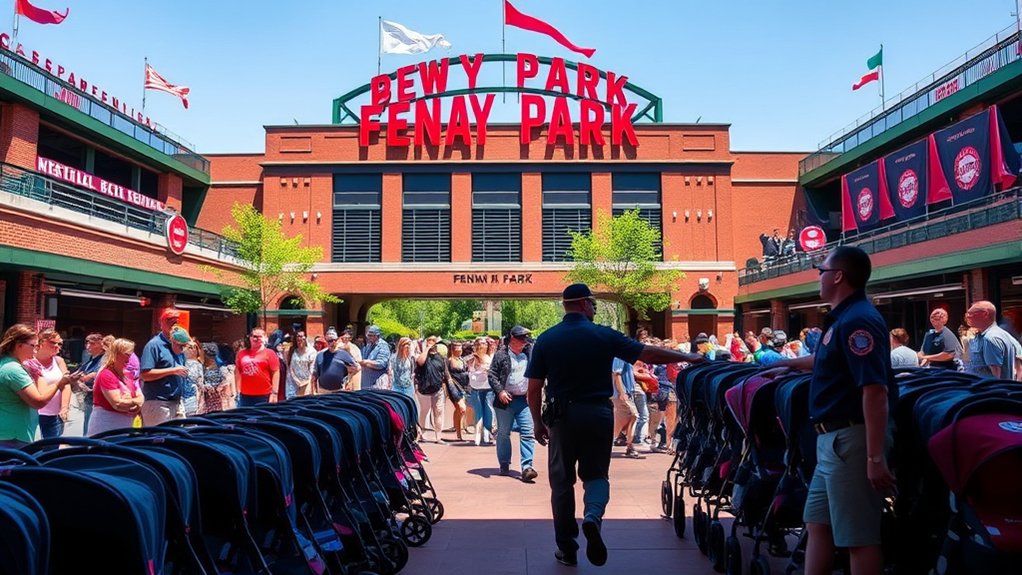 foldable umbrella stroller stored neatly for a baseball game