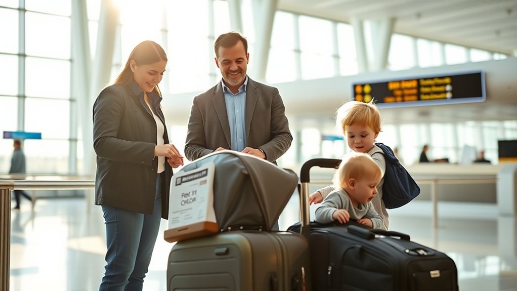 family using free stroller check-in benefits at the airport