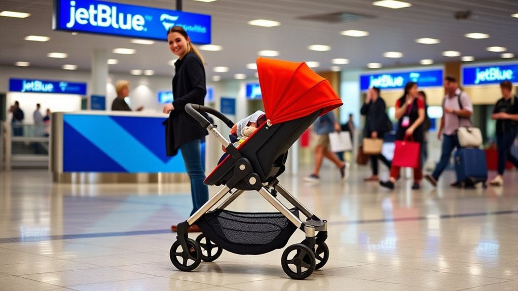 Stroller being checked at an airport counter before a family flight