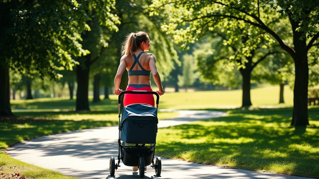 full body stroller workout showing arm core and leg engagement
