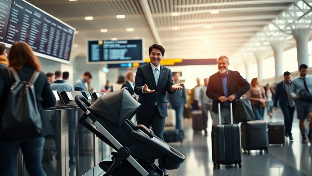 parent gate-checking a stroller at an airport gate