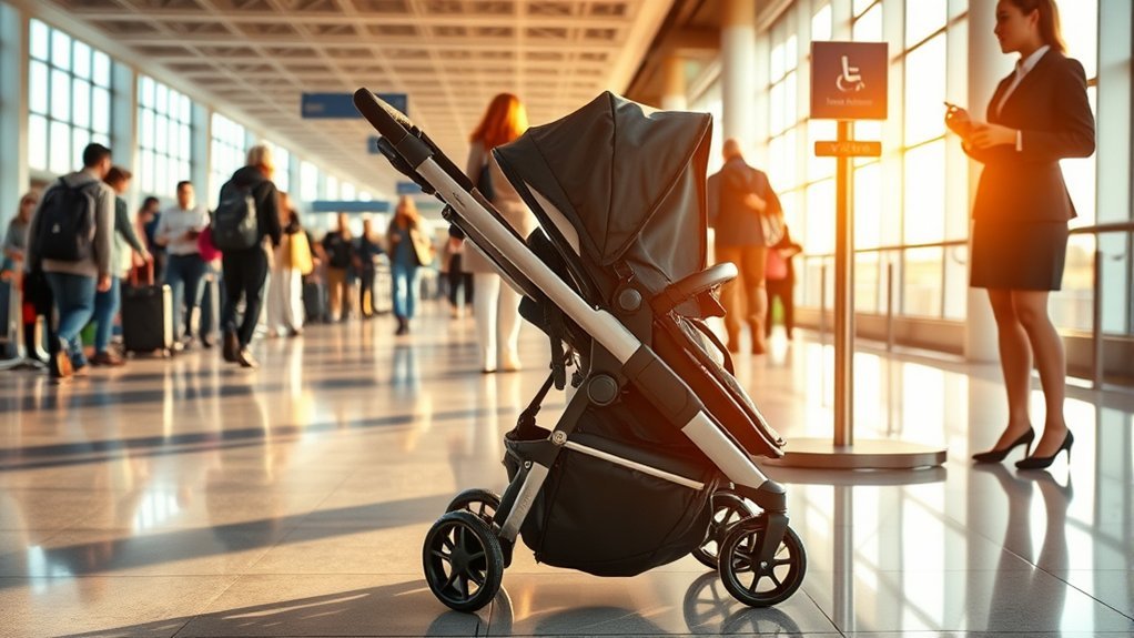 parent gate checking a folded stroller before boarding a plane
