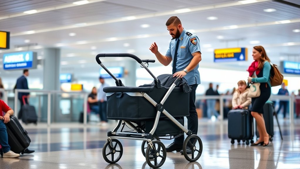 folded stroller wagon ready for gate check at the jet bridge