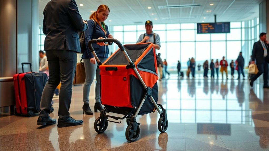 Stroller wagon ready for gate check at an airport gate