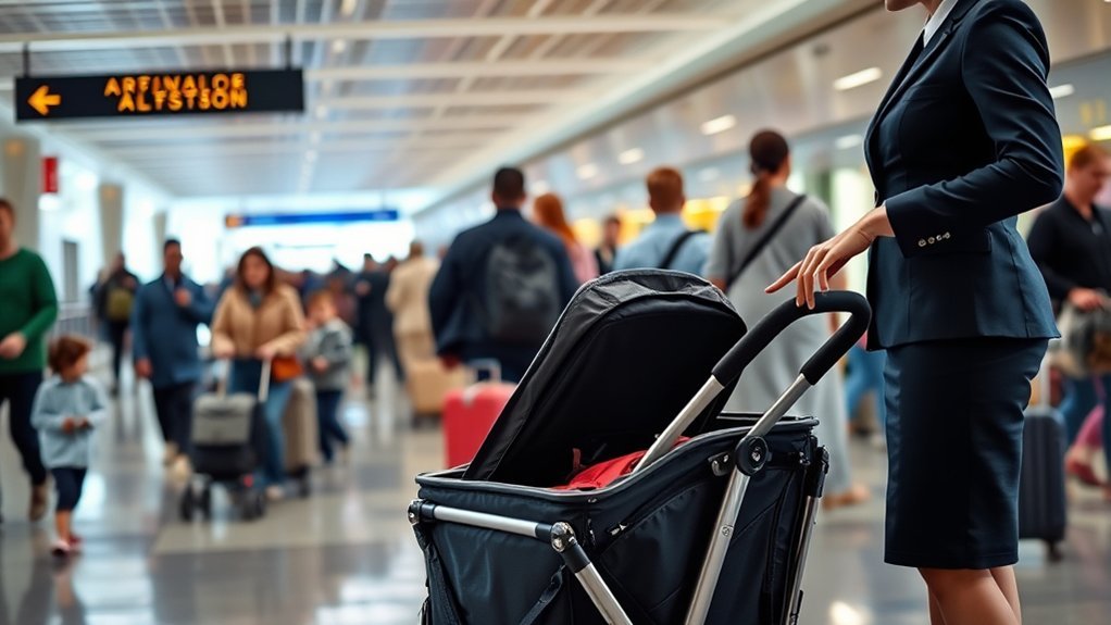gate checking a folded stroller wagon at the airport