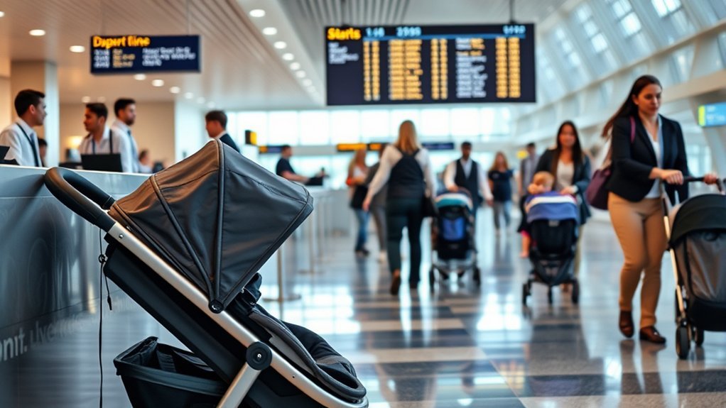 airline stroller gate-check policy at an airport counter