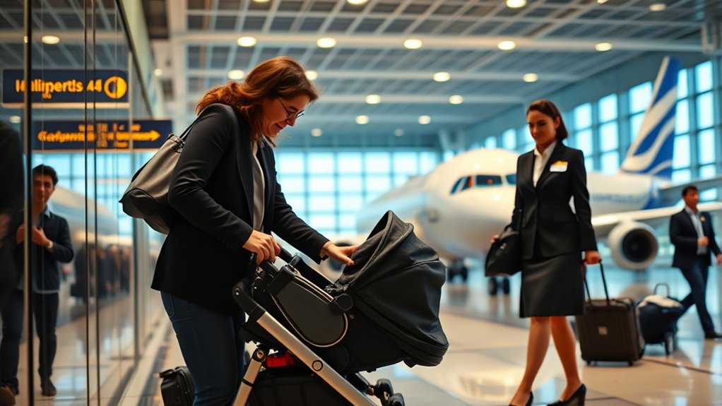 folded stroller ready for gate check at the airport