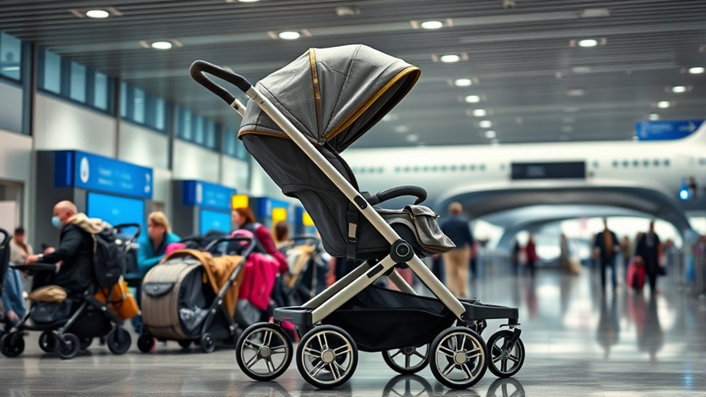 parent gate-checking a stroller before boarding