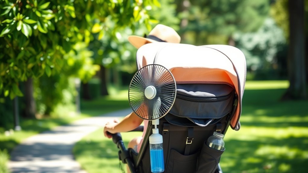 Parent taking heat safety precautions with a child outdoors