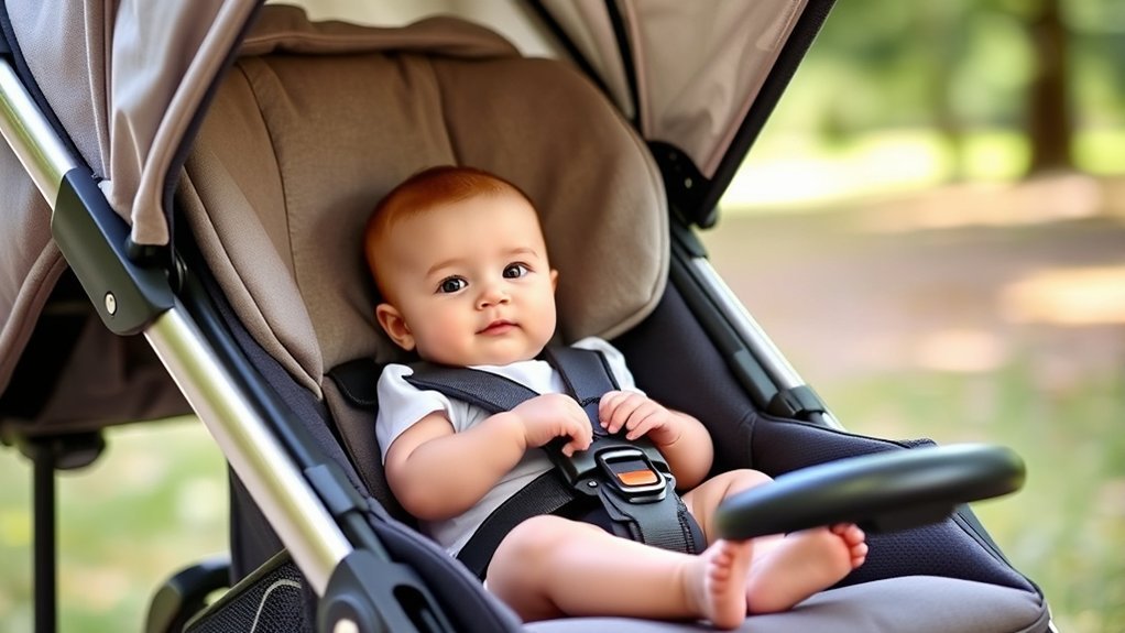checking infant stroller compatibility, recline, harness, and safety features