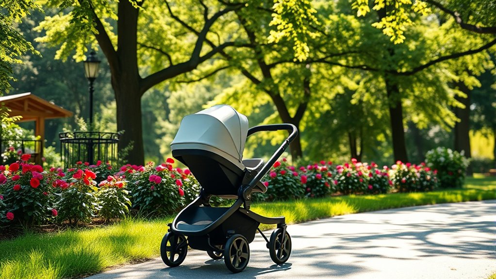 infant stroller showing supportive seating and safety features