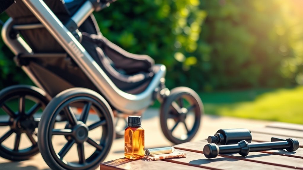 parent checking jogging stroller tires and brakes for maintenance