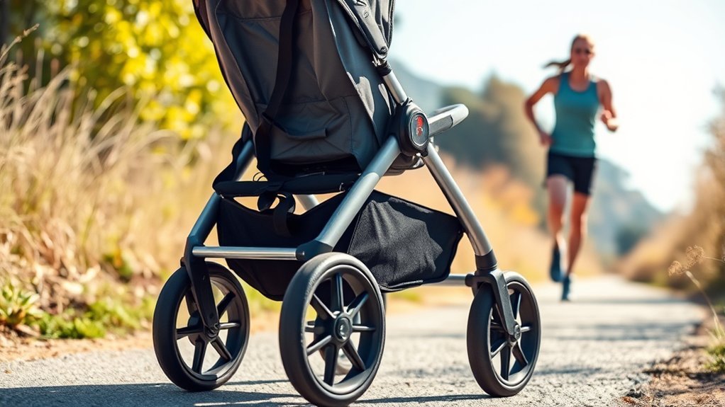 Jogging stroller safety features including five-point harness, brakes, wrist strap, and locking wheel