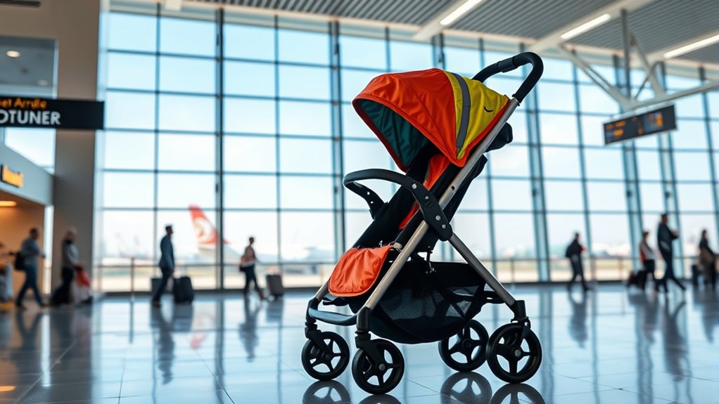 jogging stroller folded and prepared for air travel