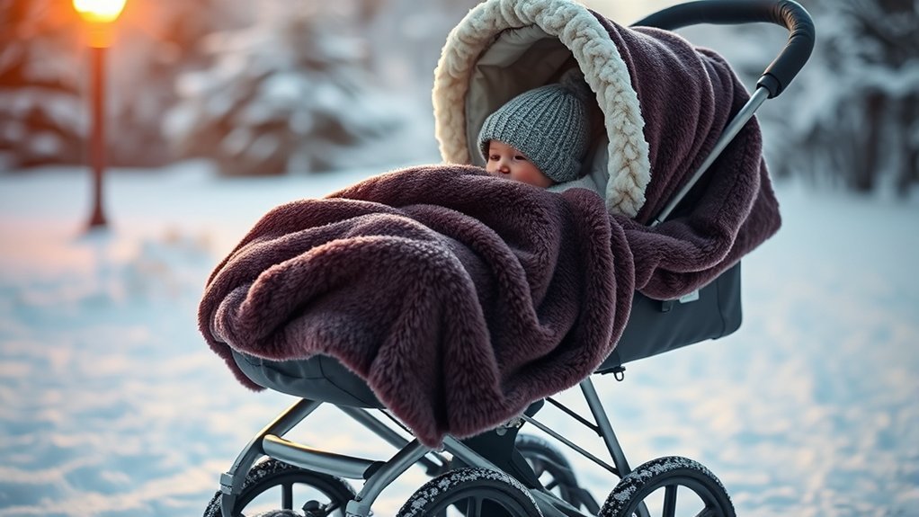 baby dressed in warm winter layers inside a stroller