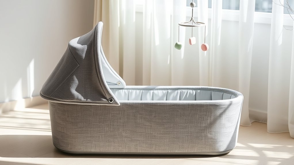 newborn lying flat in a stroller bassinet to support safe breathing and body alignment