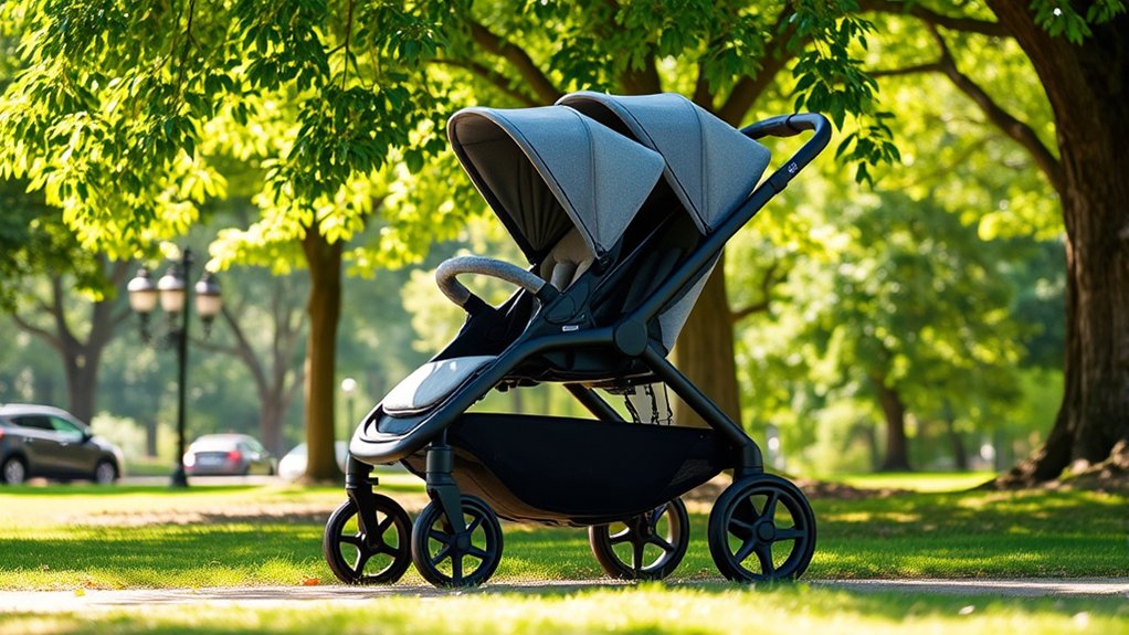 Lightweight Joie double stroller with comfortable seats and sun canopies