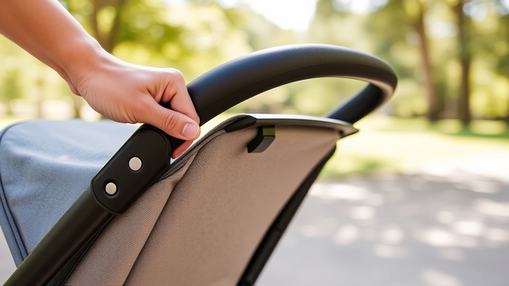 Hand adjusting a stroller seat recline latch near the seat back