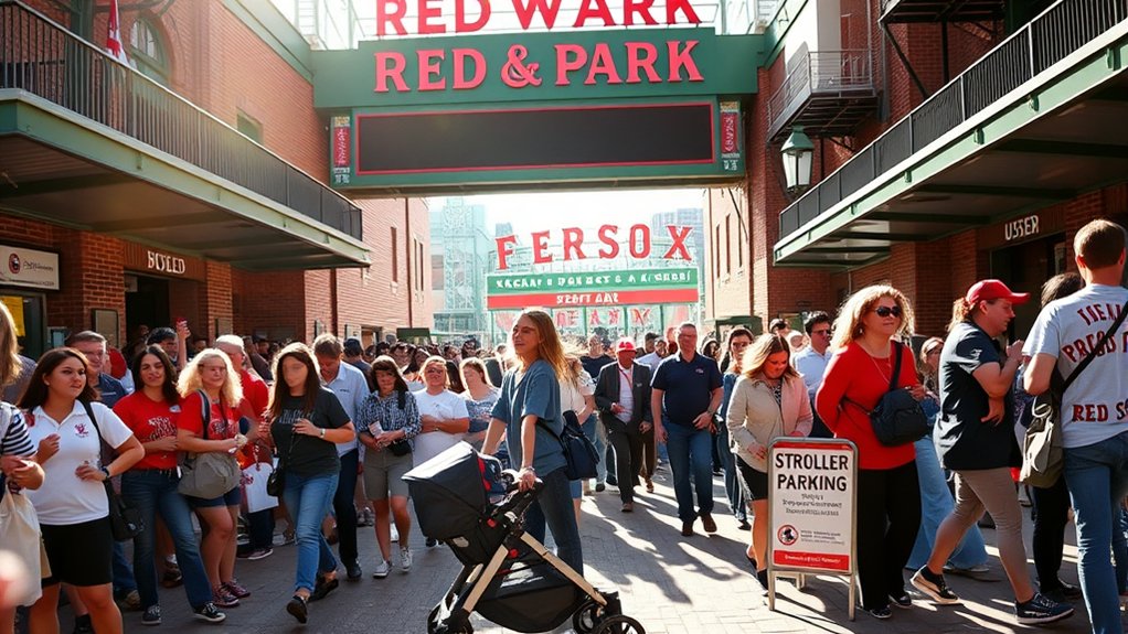 family navigating Fenway Park concourse with a compact stroller