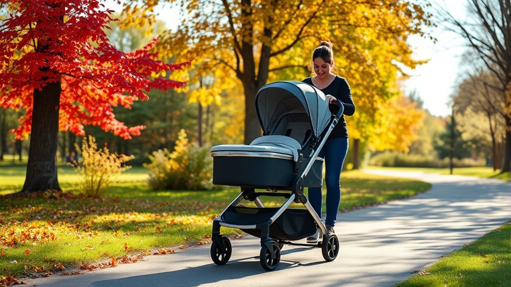 newborn stroller safety features including bassinet recline canopy and secure harness