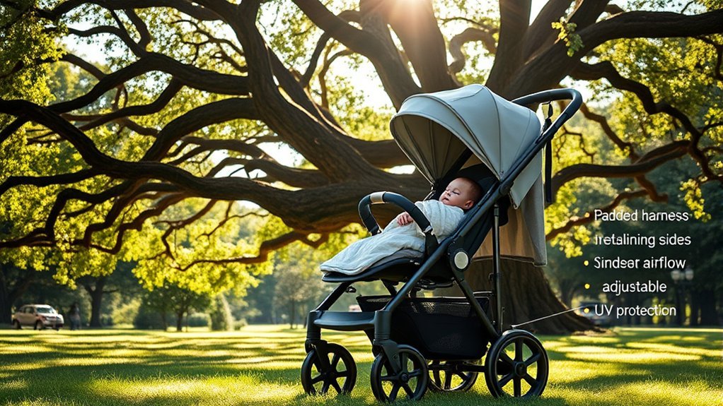 important newborn stroller safety features including harness and brakes