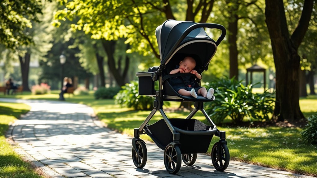 recommended newborn stroller safety features including bassinet recline canopy and harness