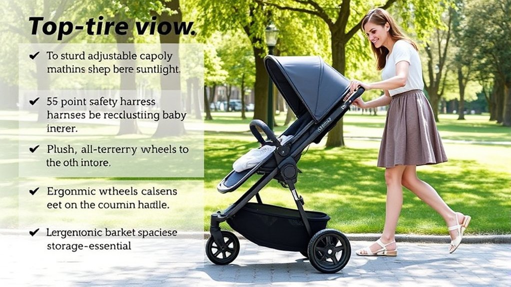 newborn stroller safety features including harness brakes canopy and recline
