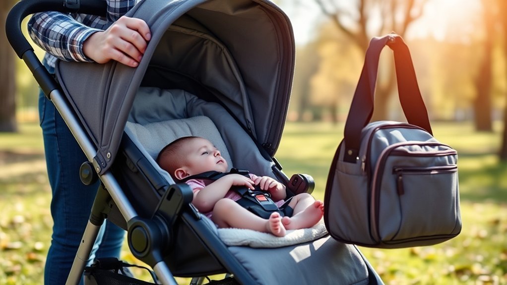 parent securing newborn in stroller with safe recline and harness
