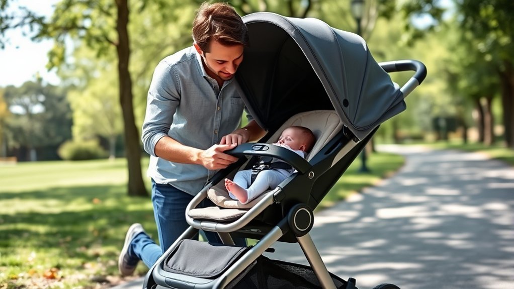 newborn lying safely in a reclining stroller with harness secured
