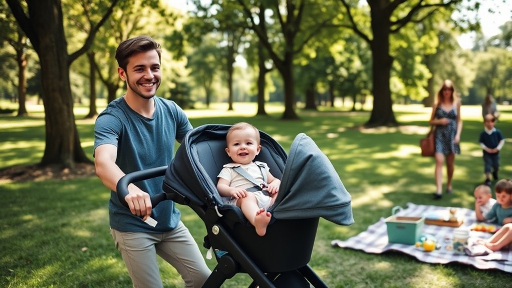 newborn lying safely in a reclining stroller with proper head and neck support