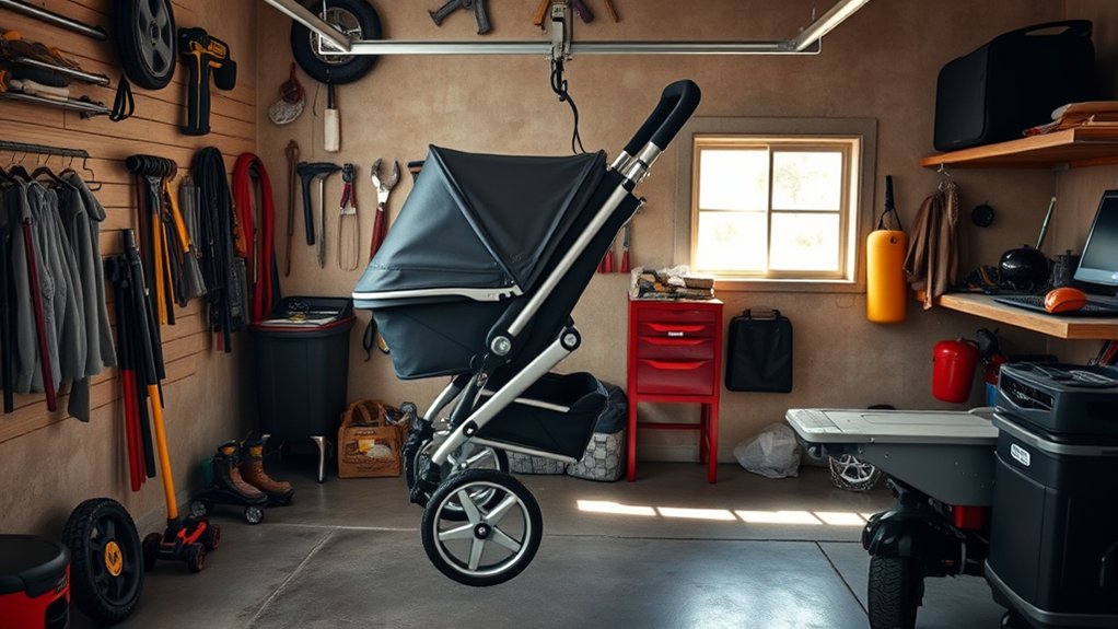 organized garage with strollers stored on wall hooks