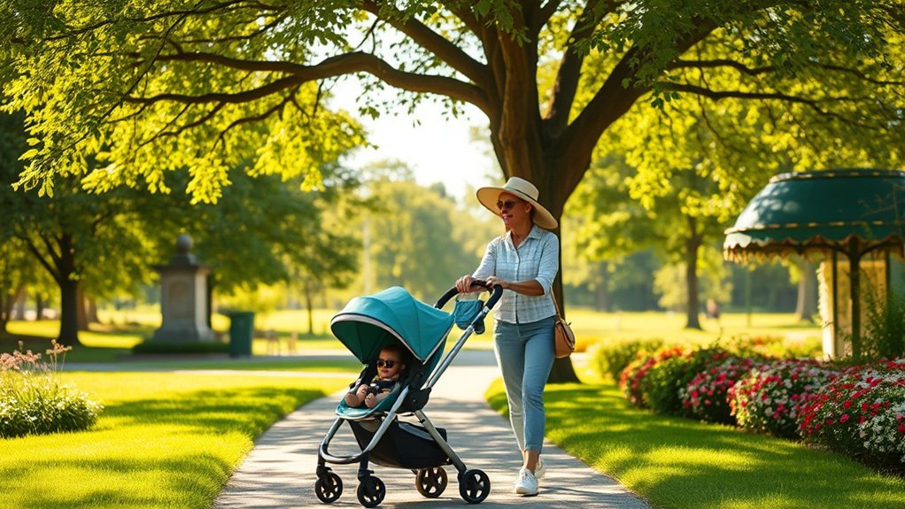 Baby enjoying safe outdoor exposure in a shaded stroller