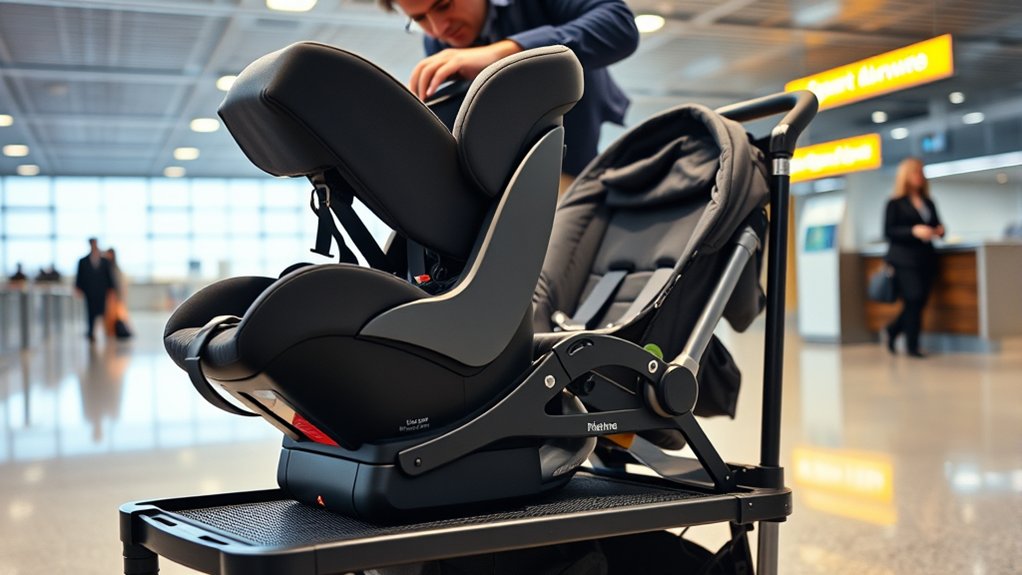 A parent placing a child car seat into a padded travel bag before a flight.