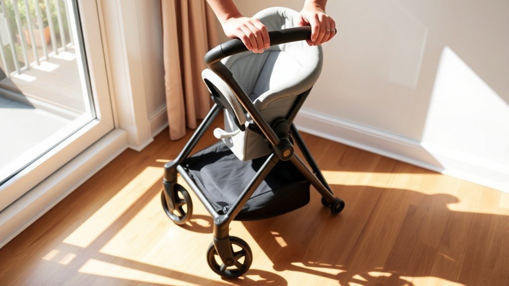 Nuna MIXX Next stroller prepared upright on a flat surface before folding