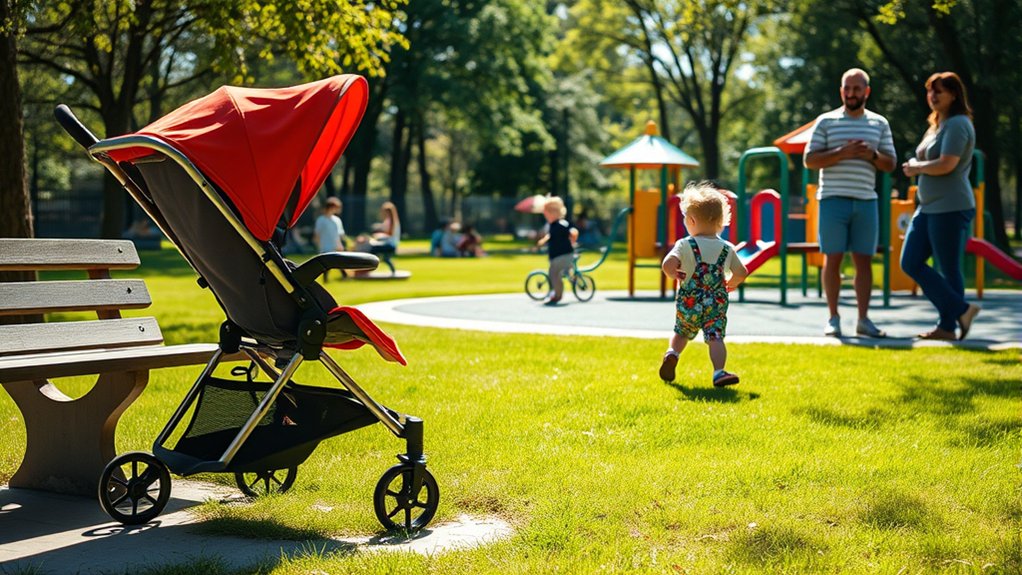 parent encouraging a toddler to walk independently instead of relying on a stroller