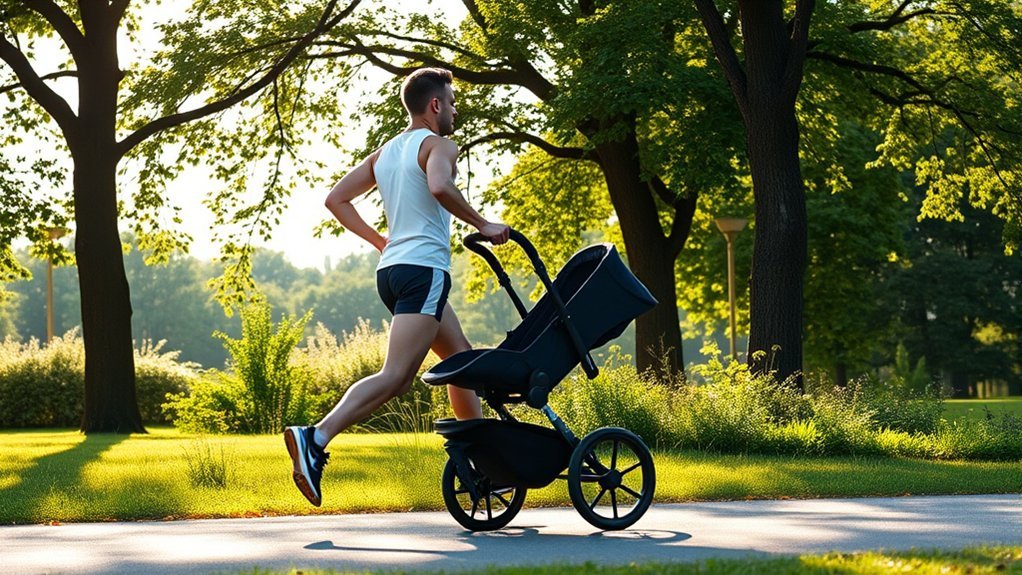 runner using proper grip and upright posture with a jogging stroller