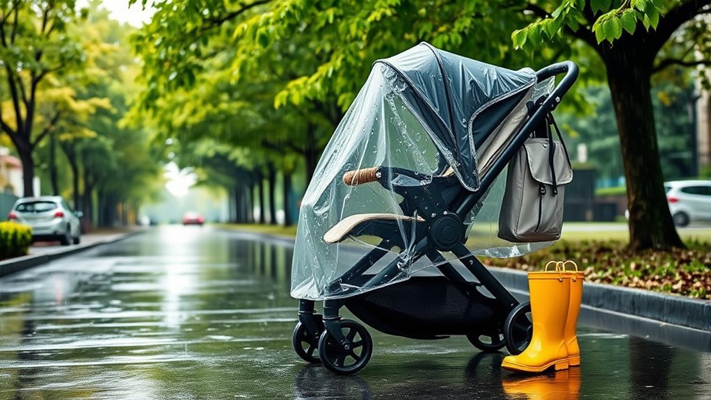 rainy day stroller outing preparation with rain cover and extra gear