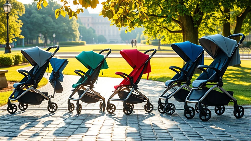 parents testing travel strollers in real-world airport and city settings