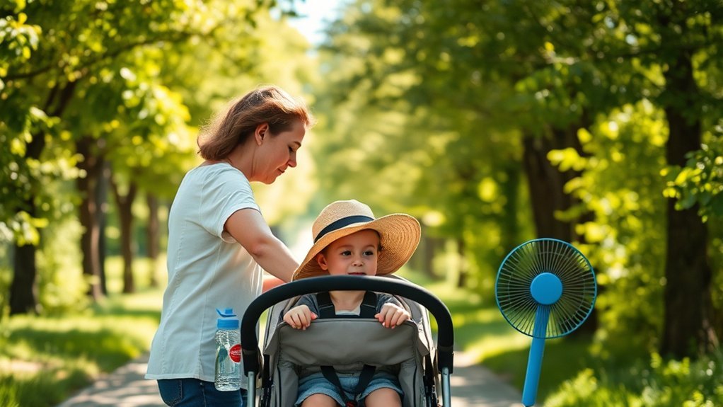 Parent checking a child for signs of heat distress in a stroller