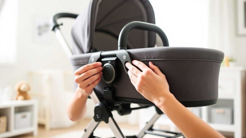 Parent lifting a UPPAbaby bassinet straight up from the stroller frame after pressing the handle release button