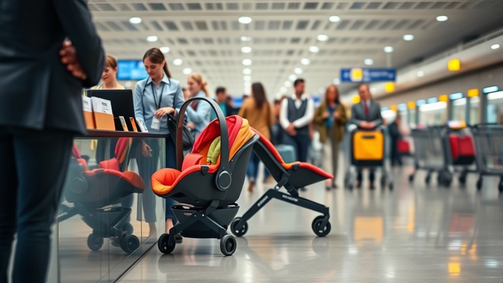A traveler speaking with airline staff at a baggage service counter.