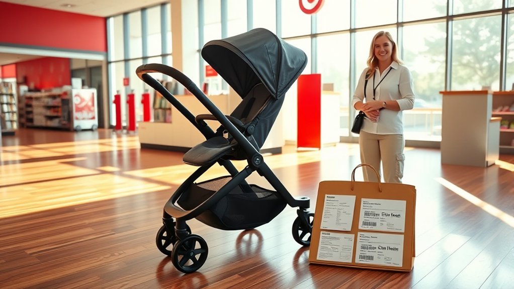 Checklist for returning a stroller to Target with receipt, packaging, and accessories