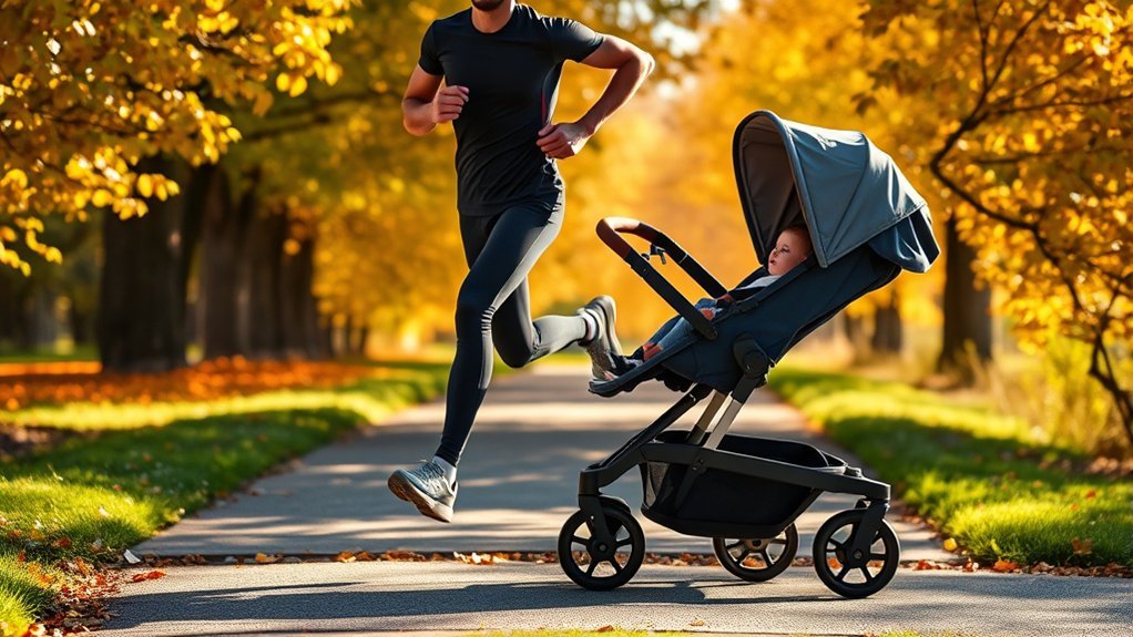 Runner using safe technique while jogging with a stroller on a smooth path