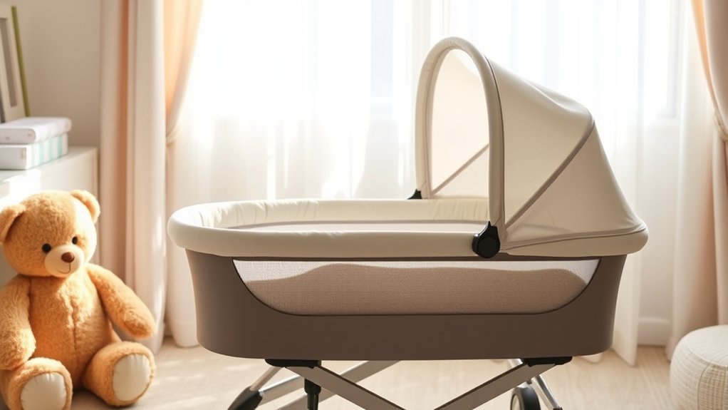 newborn resting safely in a comfortable stroller bassinet during travel