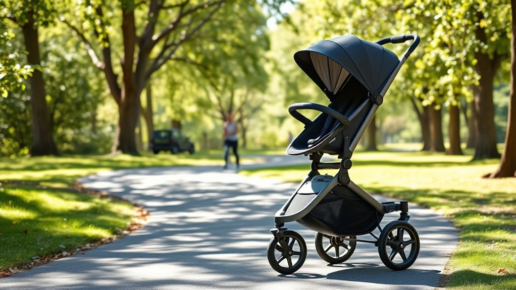 safe jogging stroller features including harness suspension and locking wheel